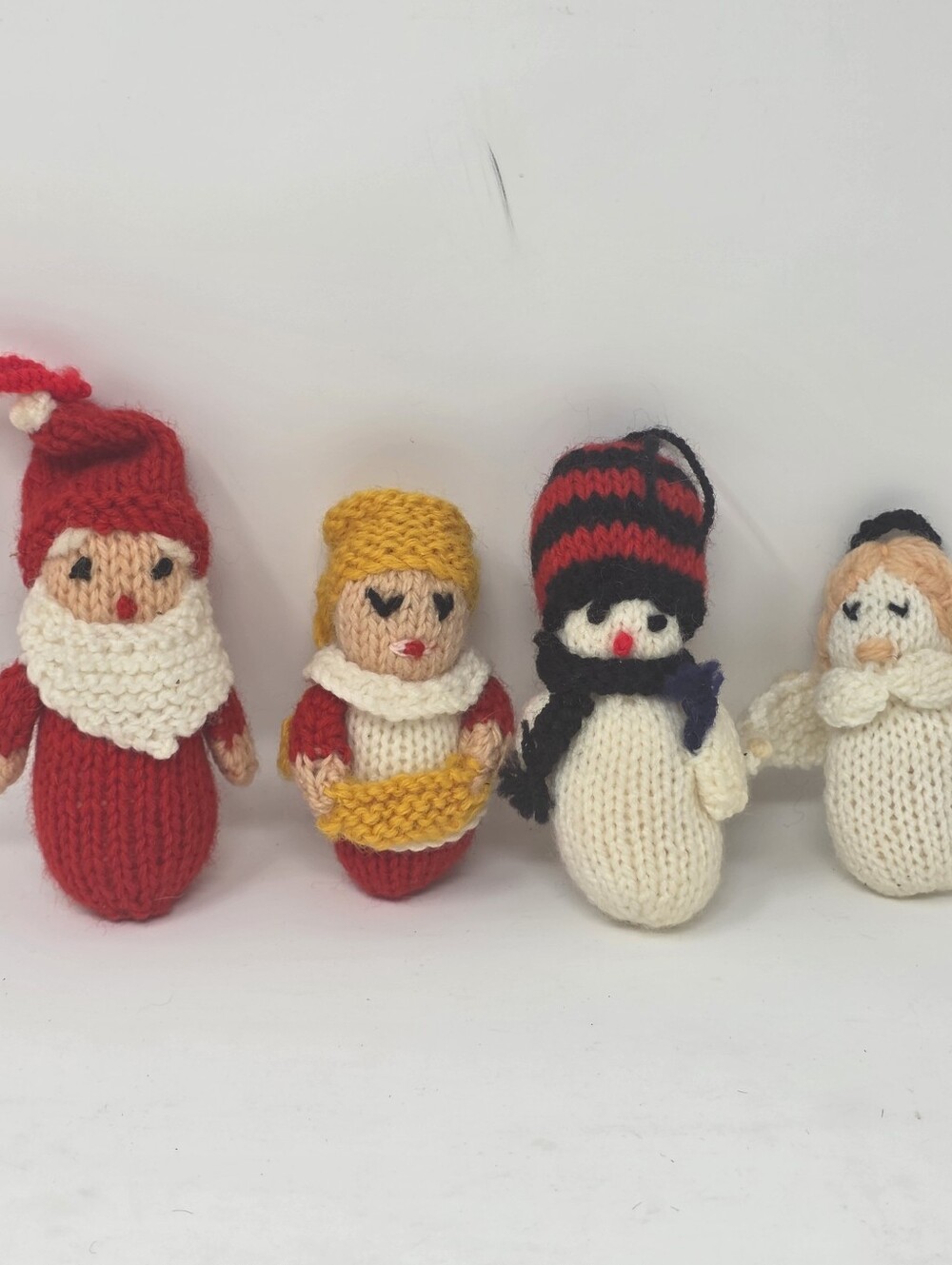 Hand Knit Christmas Figure Set Santa Snowman Angel Holiday Decor 4 Pc